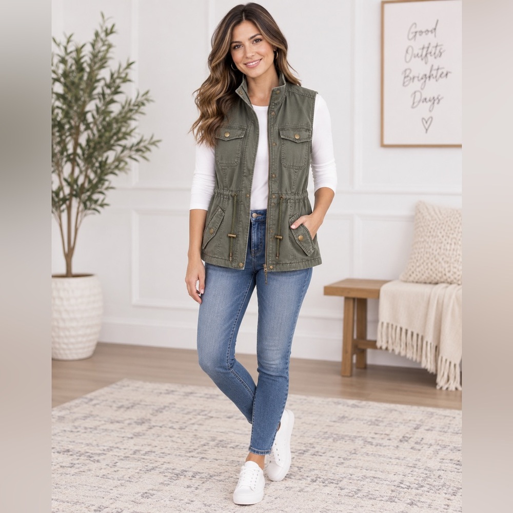 Ashley by 26 Olive outdoorsy military Utility cargo boho Vest with D-string